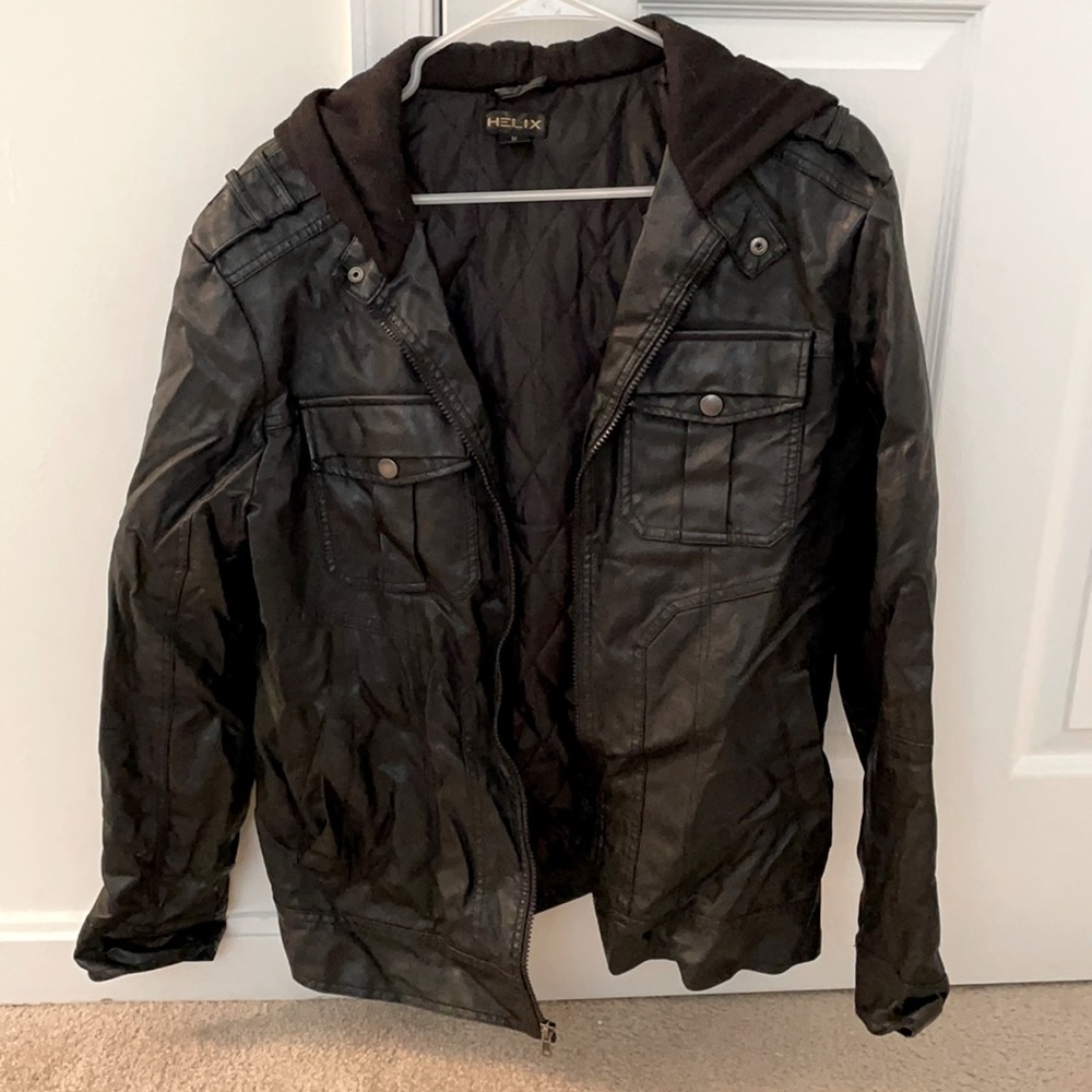 Helix Black leather jacket with hood